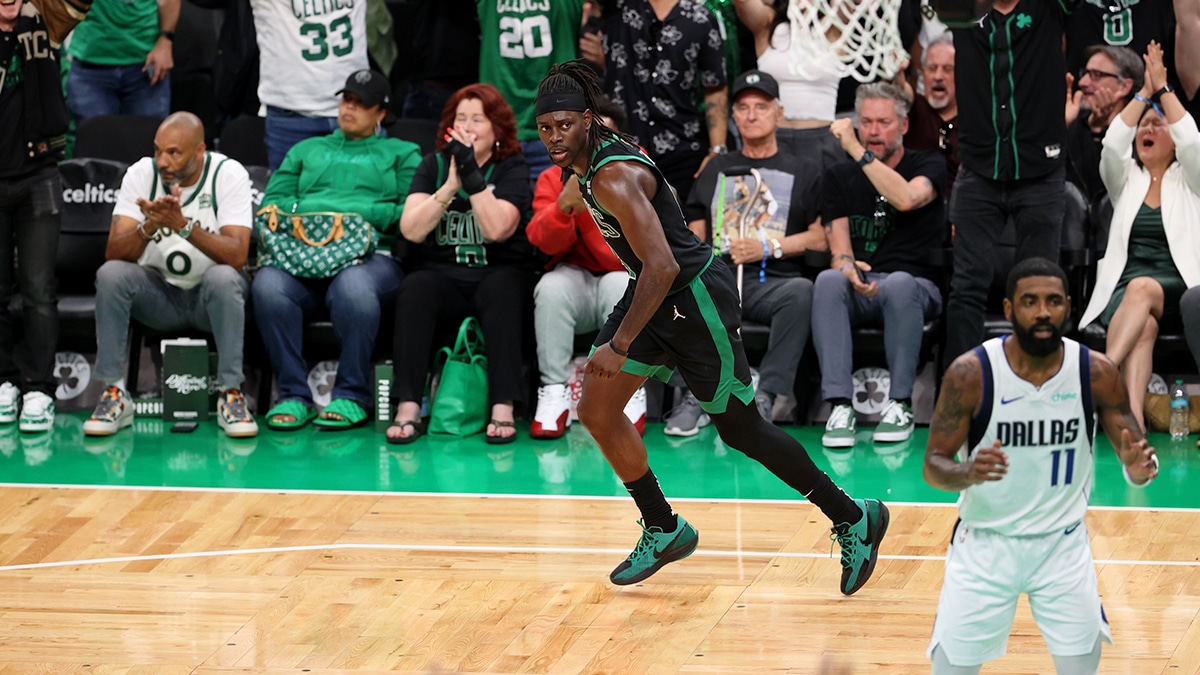 Jun 9, 2024; Boston, Massachusetts, USA; Boston Celtics guard Jrue Holiday (4) reacts after a shot against the Dallas Mavericks during the second quarter in game two of the 2024 NBA Finals at TD Garden. Mandatory Credit: Peter Casey-USA TODAY Sports