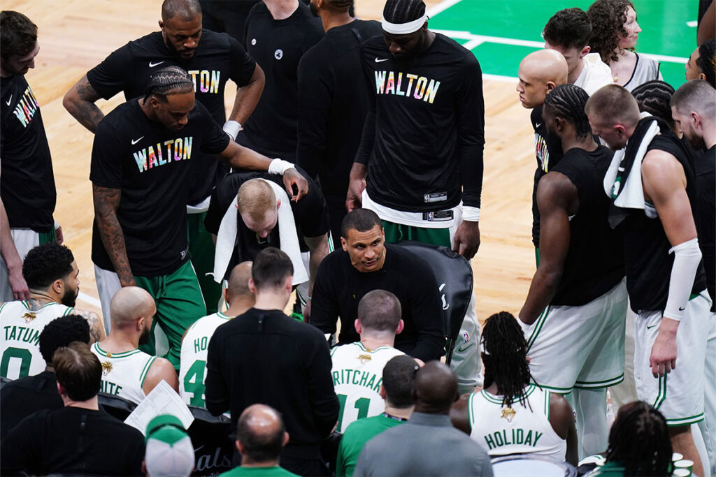  Boston Celtics head coach Joe Mazzulla talks during a timeout in the fourth quarter against the Dallas Mavericks during game one of the 2024 NBA Finals at TD Garden.