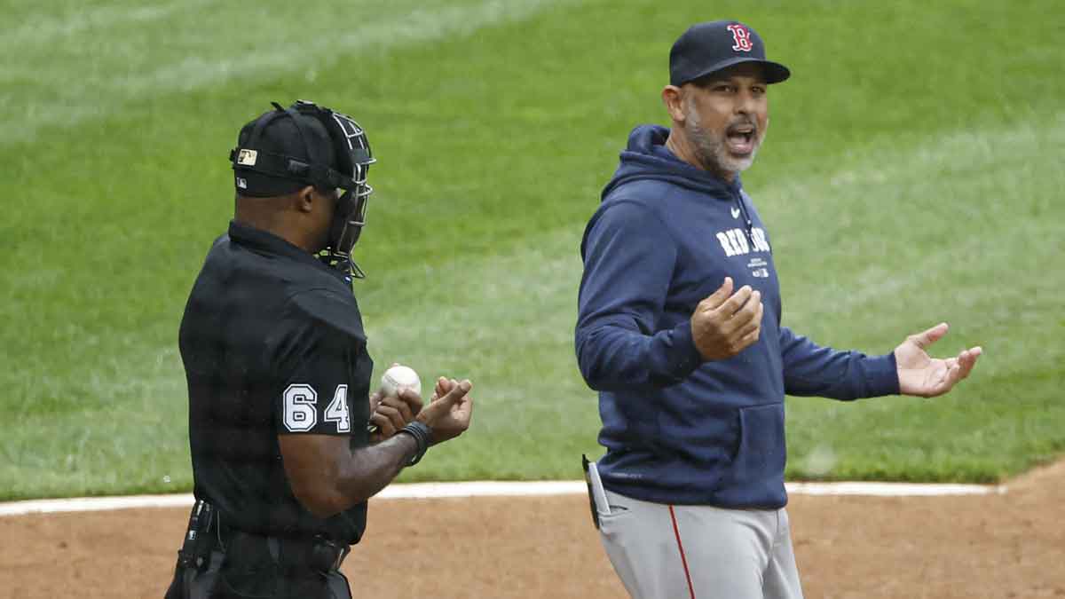Jun 8, 2024; Chicago, Illinois, USA; Boston Red Sox manager Alex Cora argues with umpire Alan Porter a strikeout call before being ejected during the fifth inning of a baseball game against the Chicago White Sox at Guaranteed Rate Field. Mandatory Credit: Kamil Krzaczynski-USA TODAY Sports