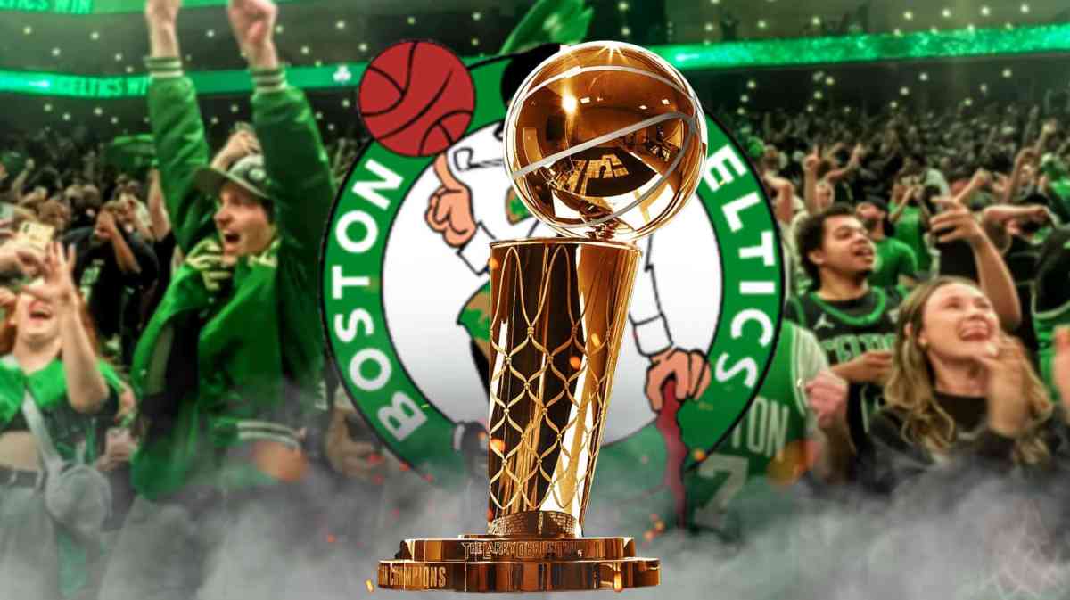 TD Garden with the Celtics logo and with a big image of the Larry O'Brien trophy. People celebrating around.