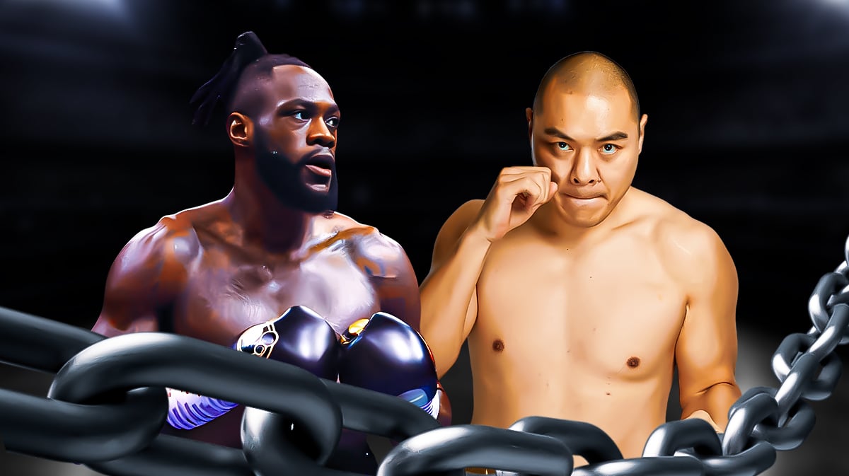 Deontay Wilder stands next to Zhilei Zhang after heavyweight boxing match