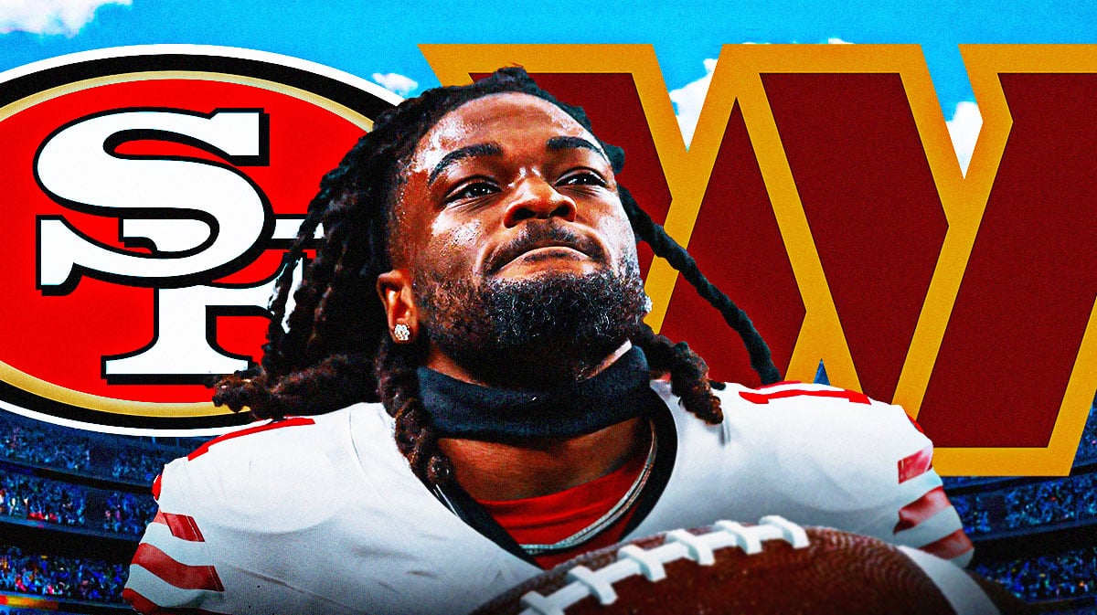 Brandon Aiyuk in the middle of 49ers and Commanders logos