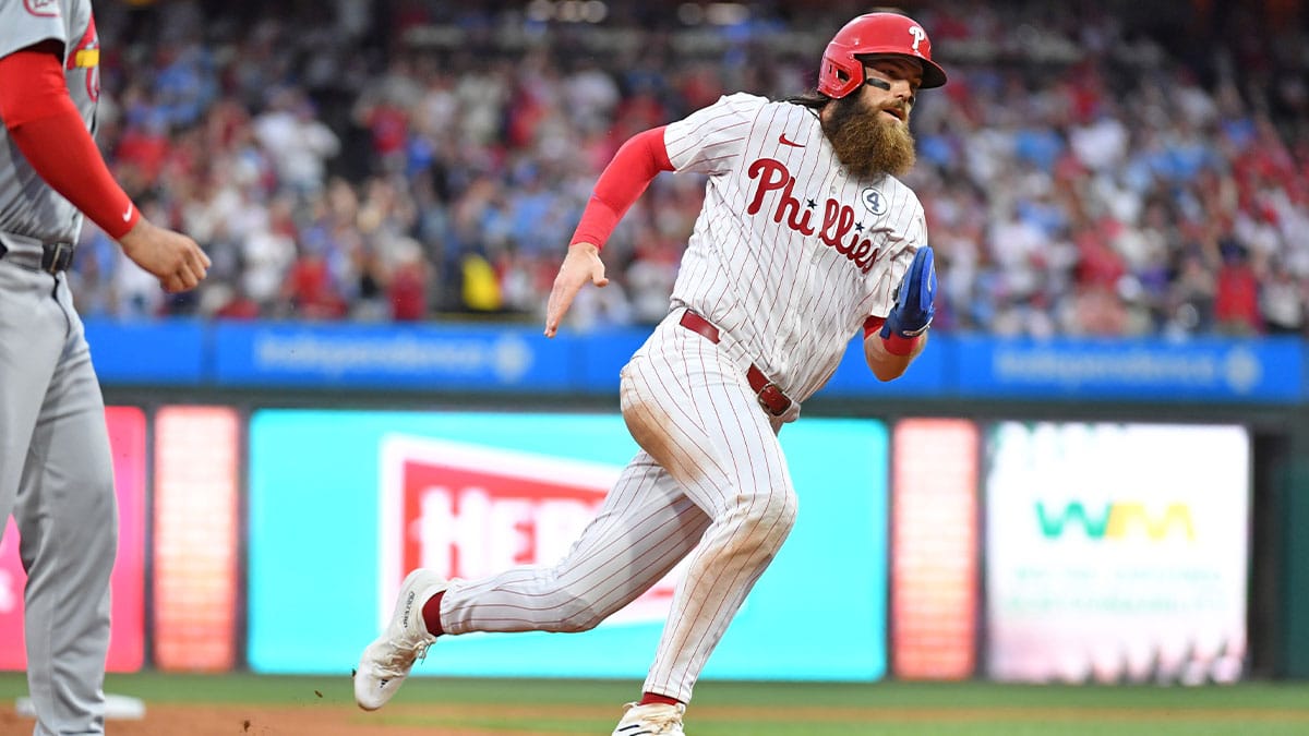 Philadelphia Phillies outfielder Brandon Marsh (16) runs towards third base before scoring run against the St. Louis Cardinals during the second inning at Citizens Bank Park. 