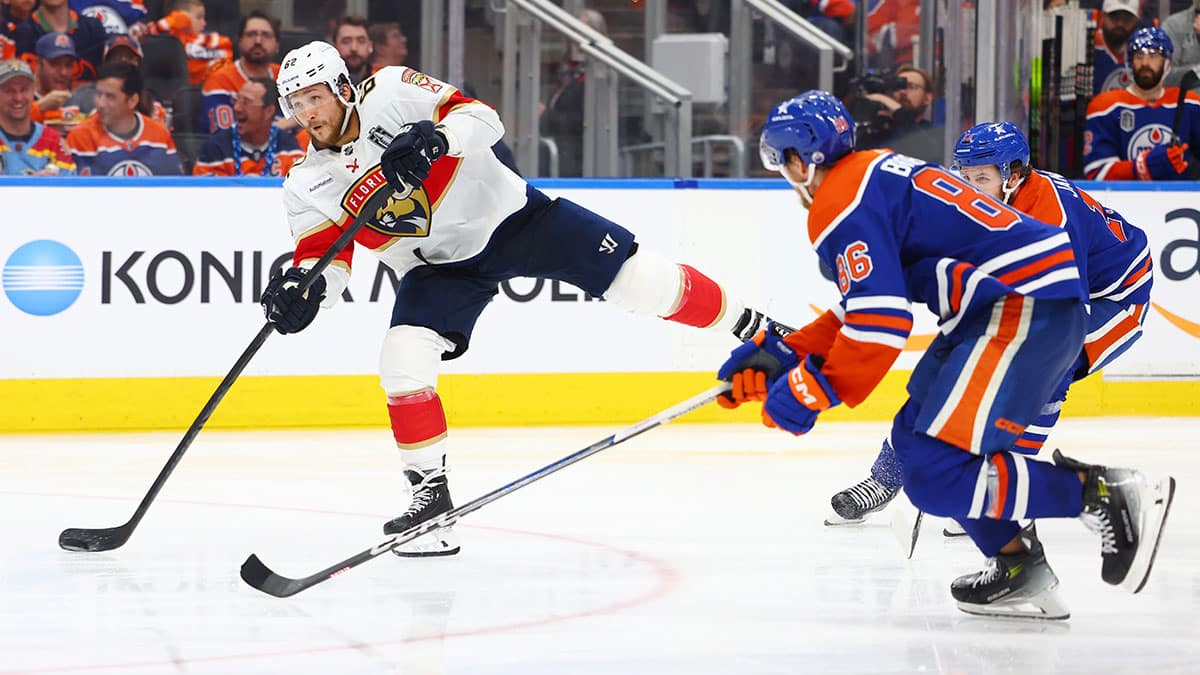 Florida Panthers defenseman Brandon Montour (62) shoots against the Edmonton Oilers in the third period in game six of the 2024 Stanley Cup Final at Rogers Place.