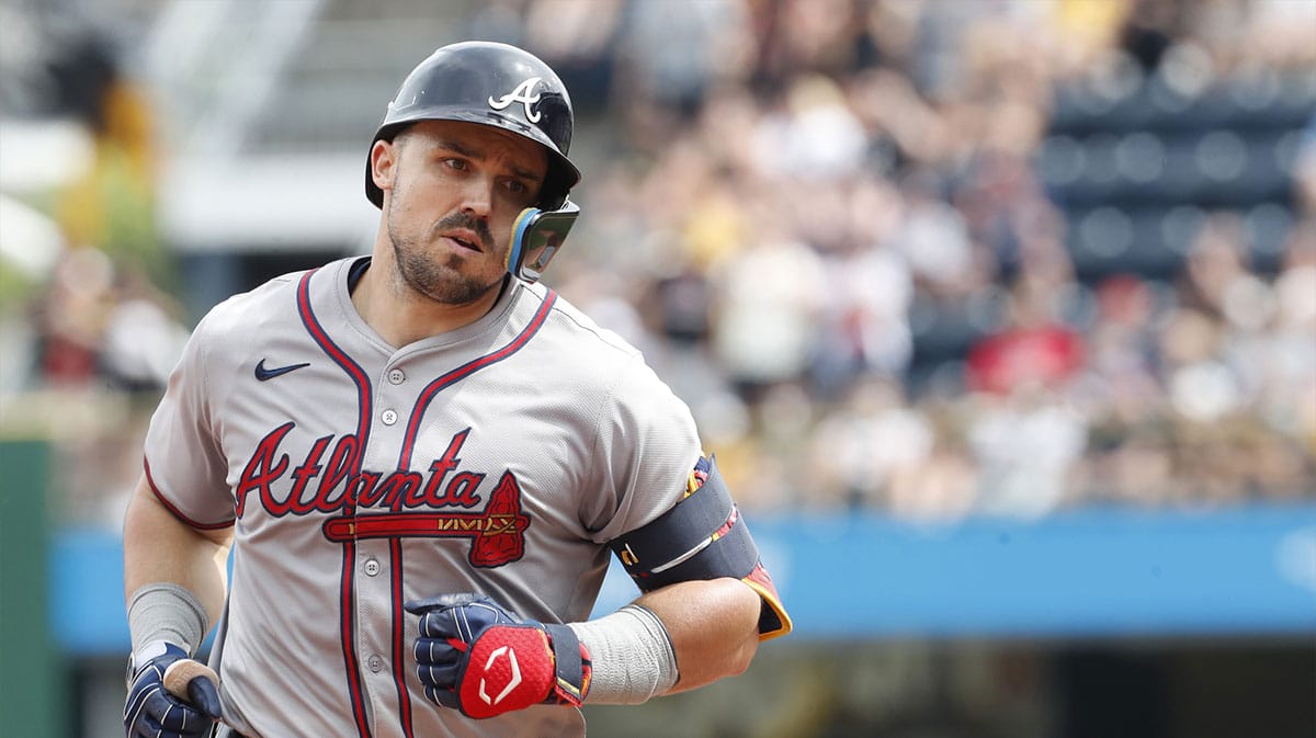 Atlanta Braves right fielder Adam Duvall (14) circles the bases on a solo home run against the Pittsburgh Pirates during the eighth inning at PNC Park. Atlanta won 8-1.