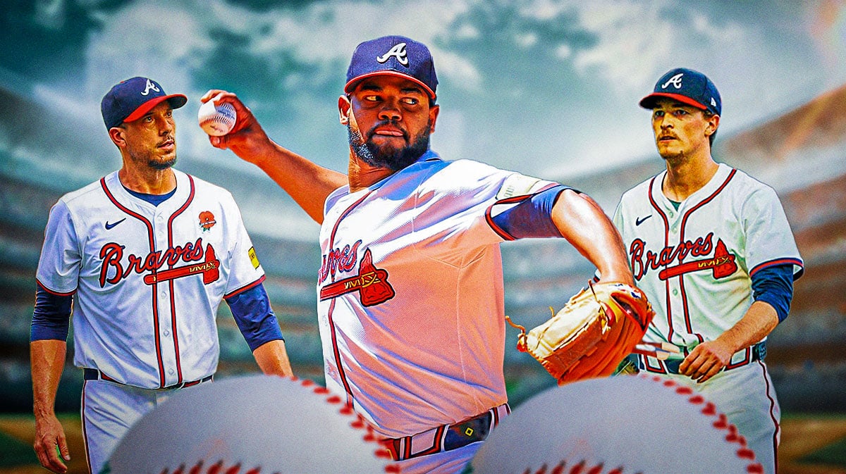 Braves' Reynaldo Lopez pitching a baseball in middle. Braves' Max Fried on left, Braves' Charlie Morton on right.