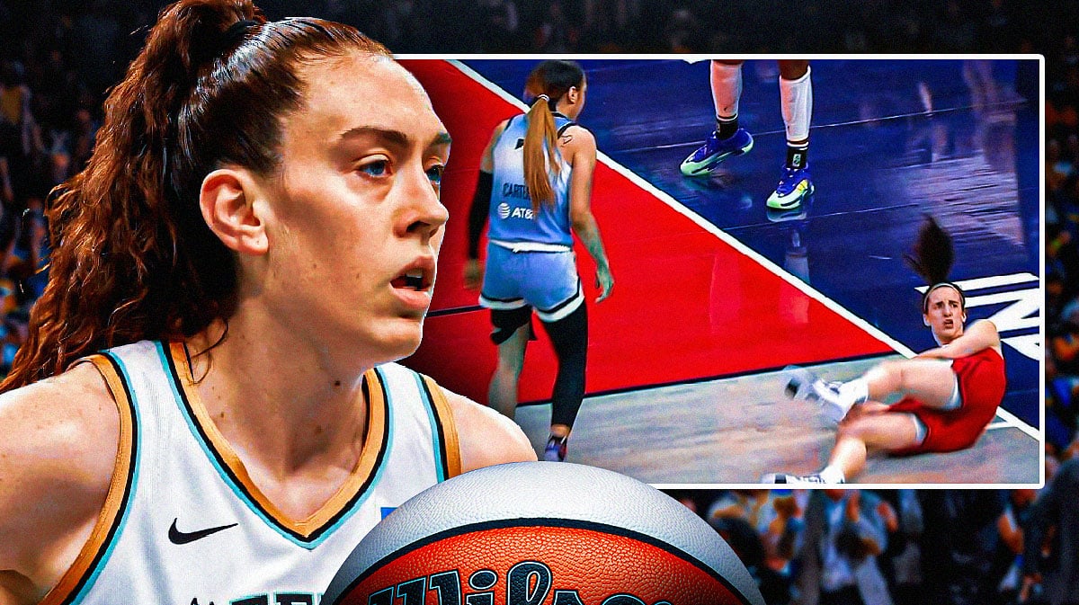 Liberty's Breanna Stewart looking at Sky's Chennedy Carter and Fever's Caitlin Clark