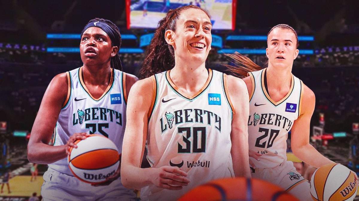 Breanna Stewart, Jonquel Jones, Sabrina Ionescu looking serious and hyped with the Barclays Center in the background
