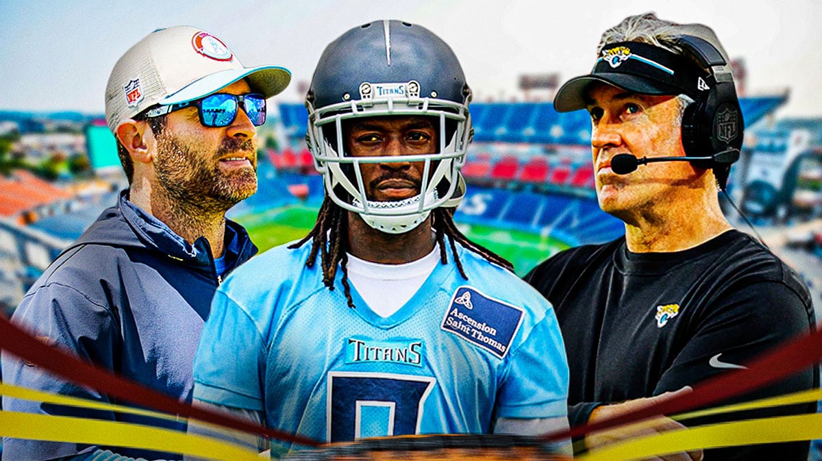 Titans Brian Callahan and Calvin Ridley next to Jaguars Doug Pederson