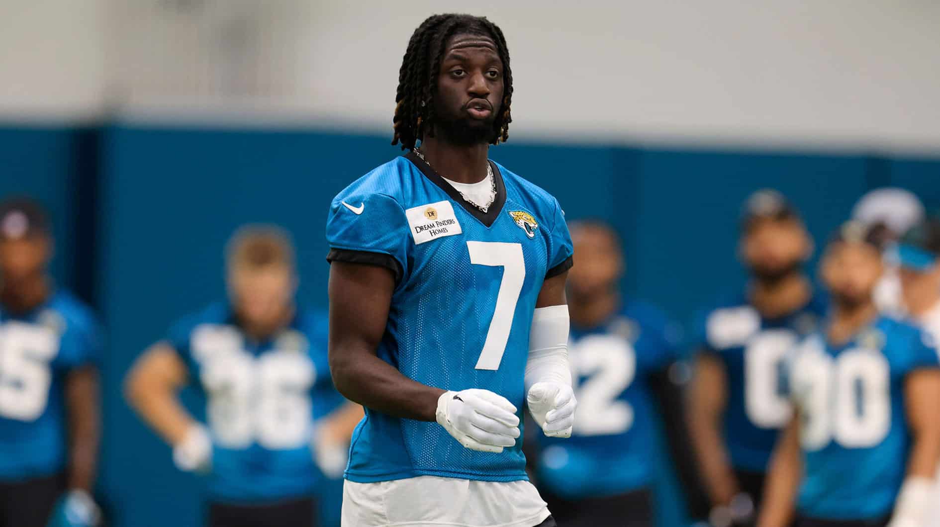 Jacksonville Jaguars wide receiver Brian Thomas Jr. (7) talks during the second day of a mandatory minicamp Tuesday, June 11, 2024 at EverBank Stadium’s Miller Electric Center in Jacksonville, Fla.