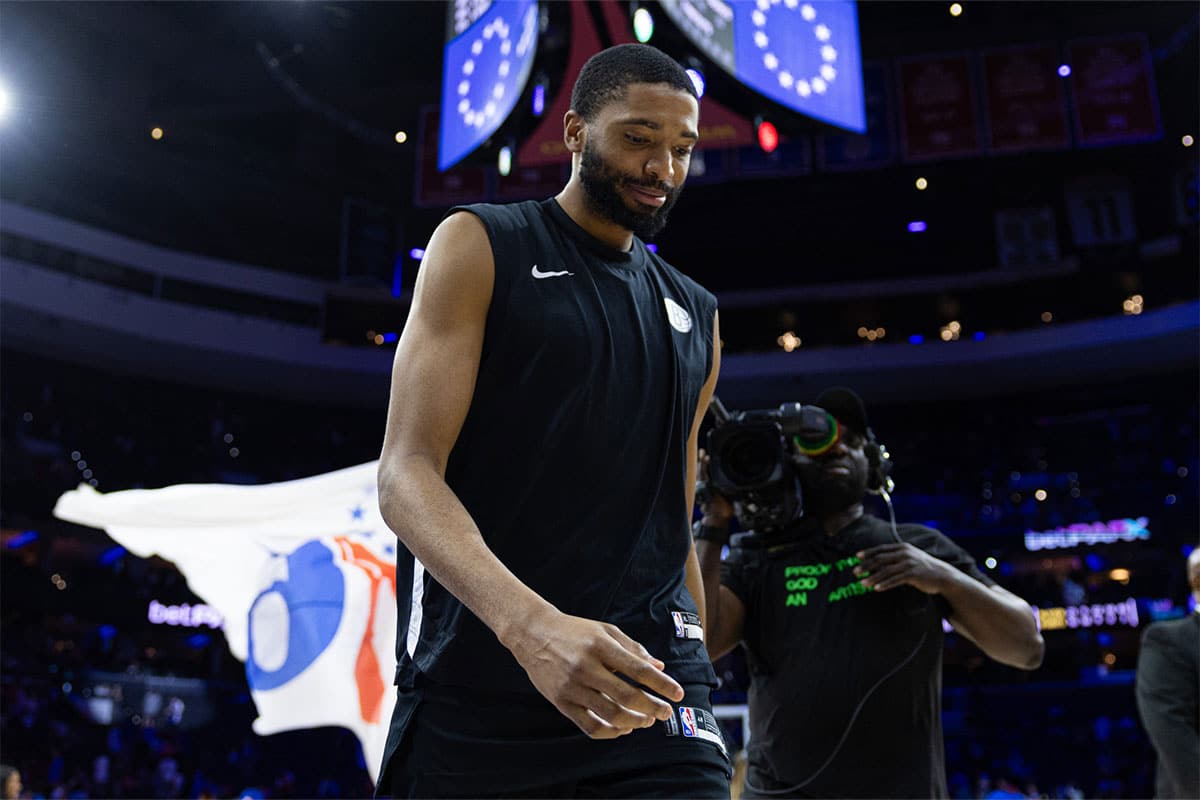 rooklyn Nets forward Mikal Bridges walks off the court after a loss against the Philadelphia 76ers at Wells Fargo Center.