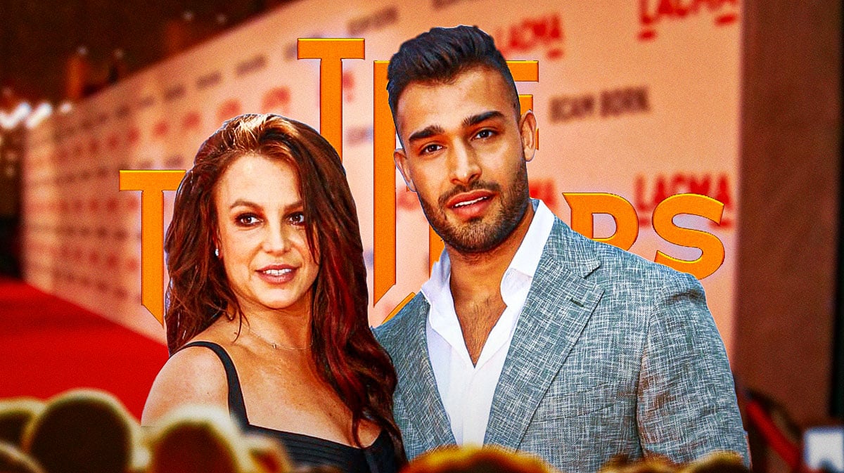 Britney Spears and Sam Asghari with The Traitors logo.