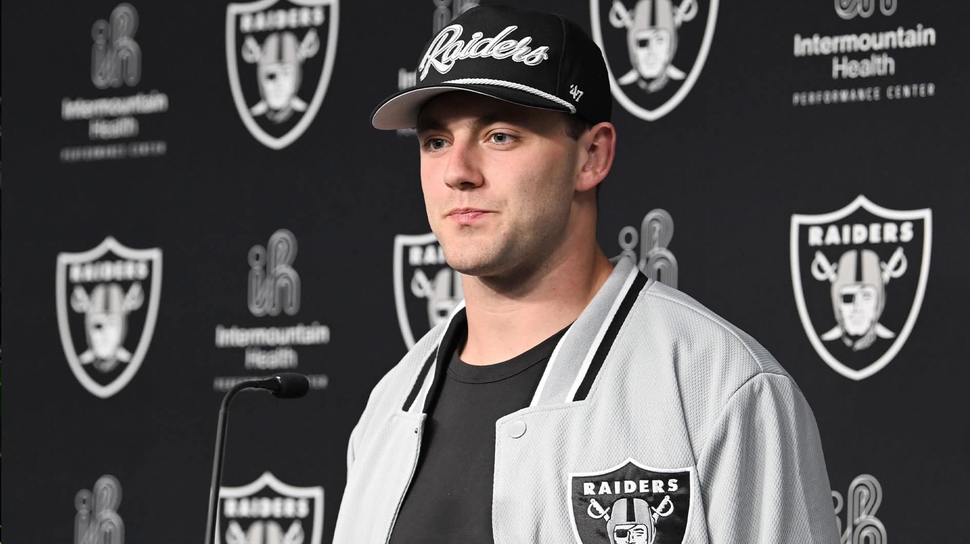 Las Vegas Raiders tight end Brock Bowers speaks to the media at Intermountain Health Performance Center in Henderson, NV.