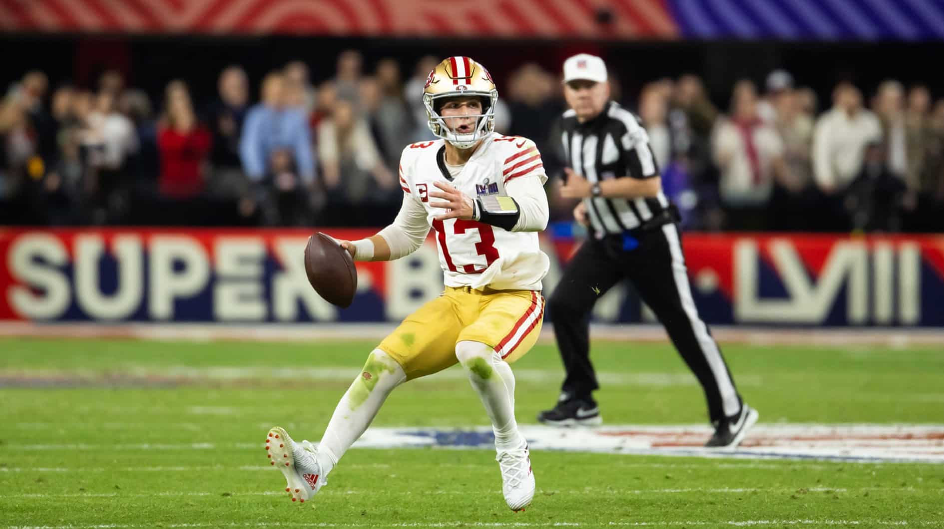 San Francisco 49ers quarterback Brock Purdy (13) against the Kansas City Chiefs in Super Bowl LVIII at Allegiant Stadium. 