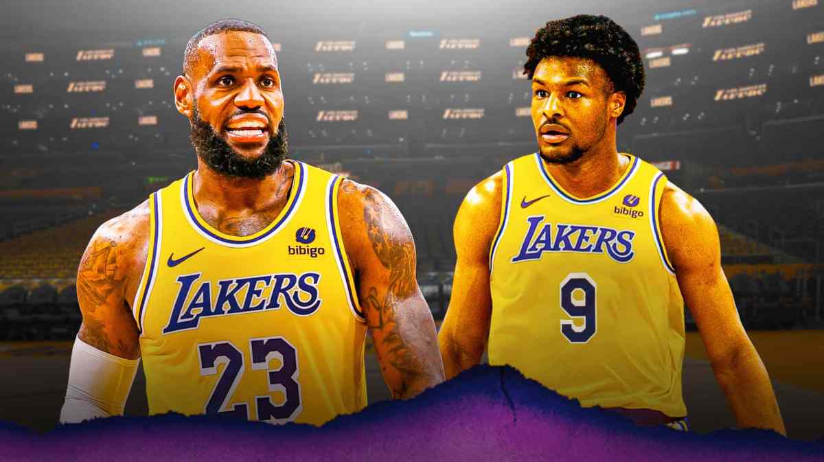 Photo: Bronny James in action in Lakers jersey beside his dad LeBron, also in Lakers gear in action