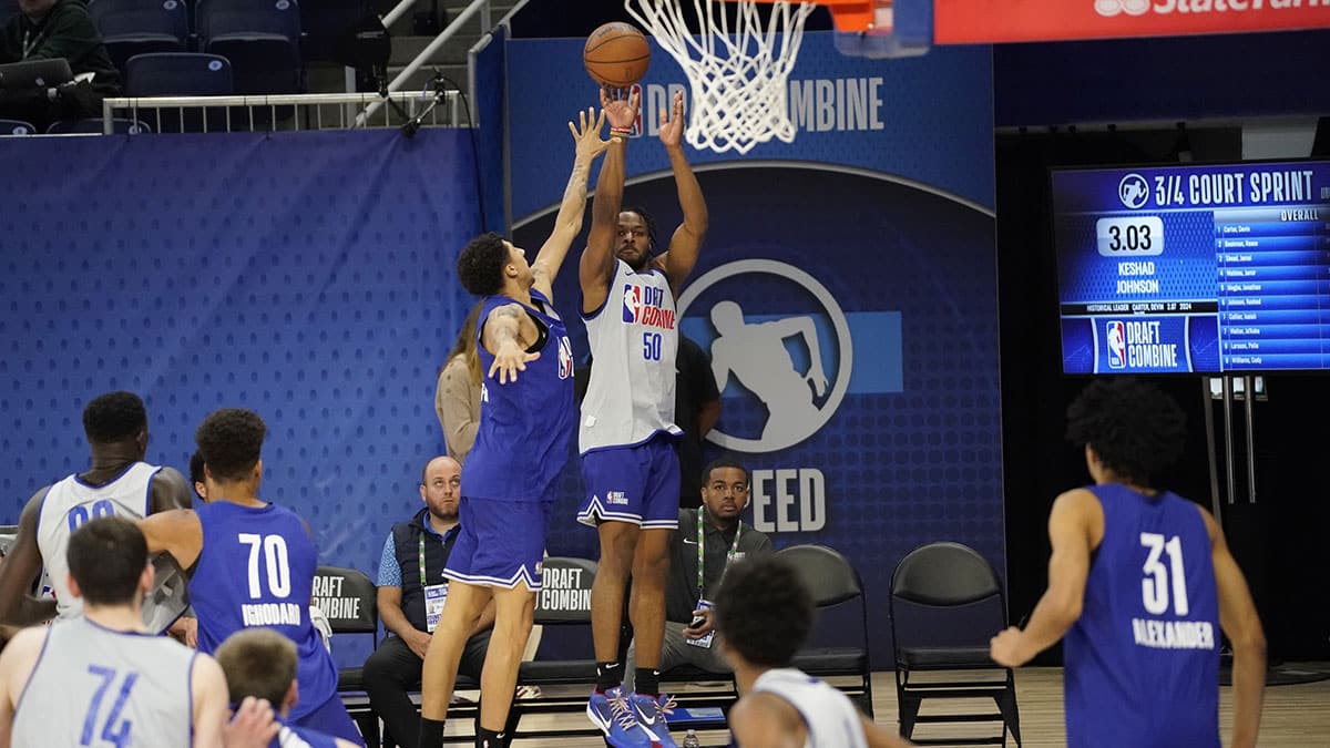 Chicago, IL, USA; Bronny James (50) takes a shot during the 2024 NBA Draft Combine at Wintrust Arena. Mandatory Credit: David Banks-USA TODAY Sports