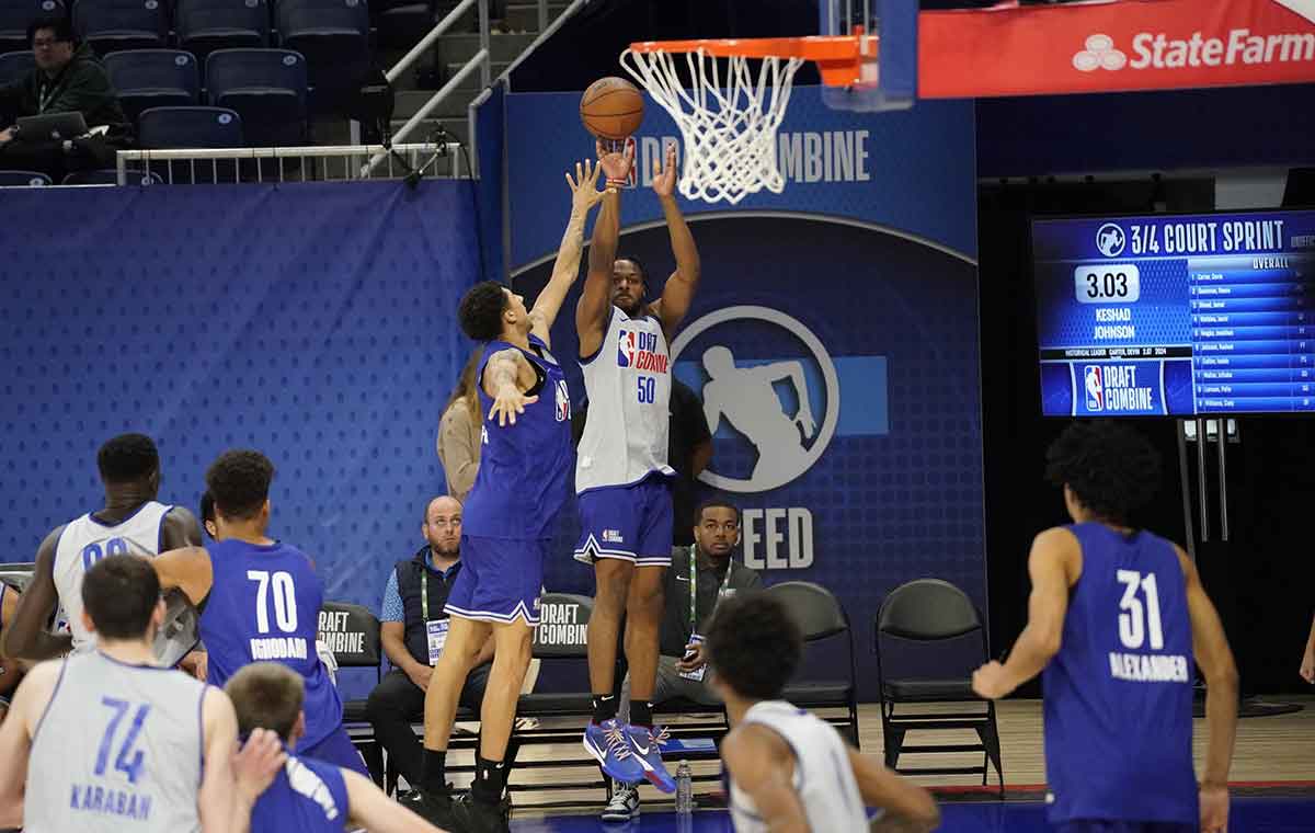 Bronny James (50) takes a shot during the 2024 NBA Draft Combine at Wintrust Arena