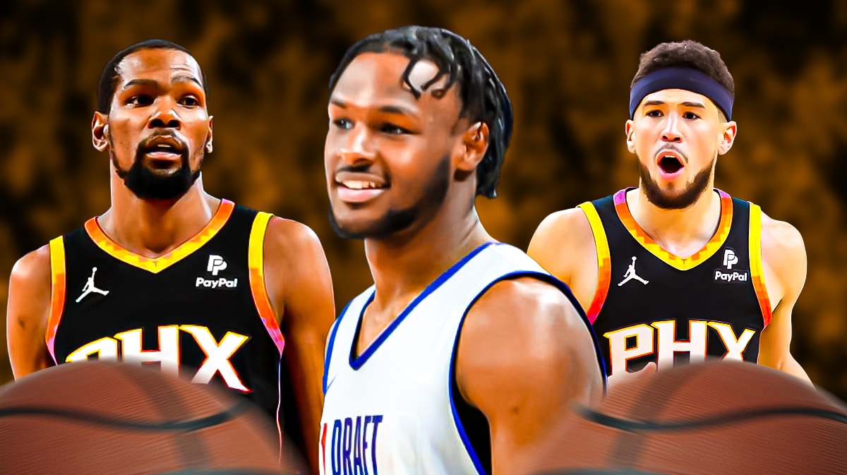 Bronny James next to Suns' Kevin Durant and Devin Booker