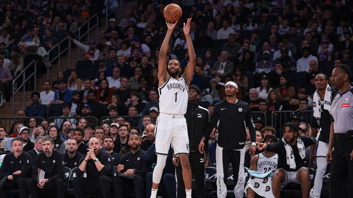 Apr 12, 2024; New York, New York, USA; Brooklyn Nets forward Mikal Bridges (1) makes a three-point basket during the first half against the New York Knicks at Madison Square Garden. Mandatory Credit: Vincent Carchietta-USA TODAY Sports