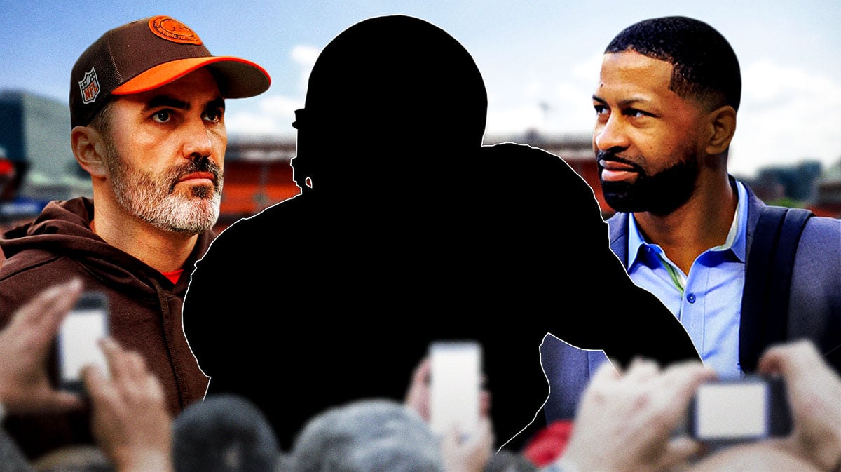 Kevin Stefanski and Andrew Berry with mystery player silhouette