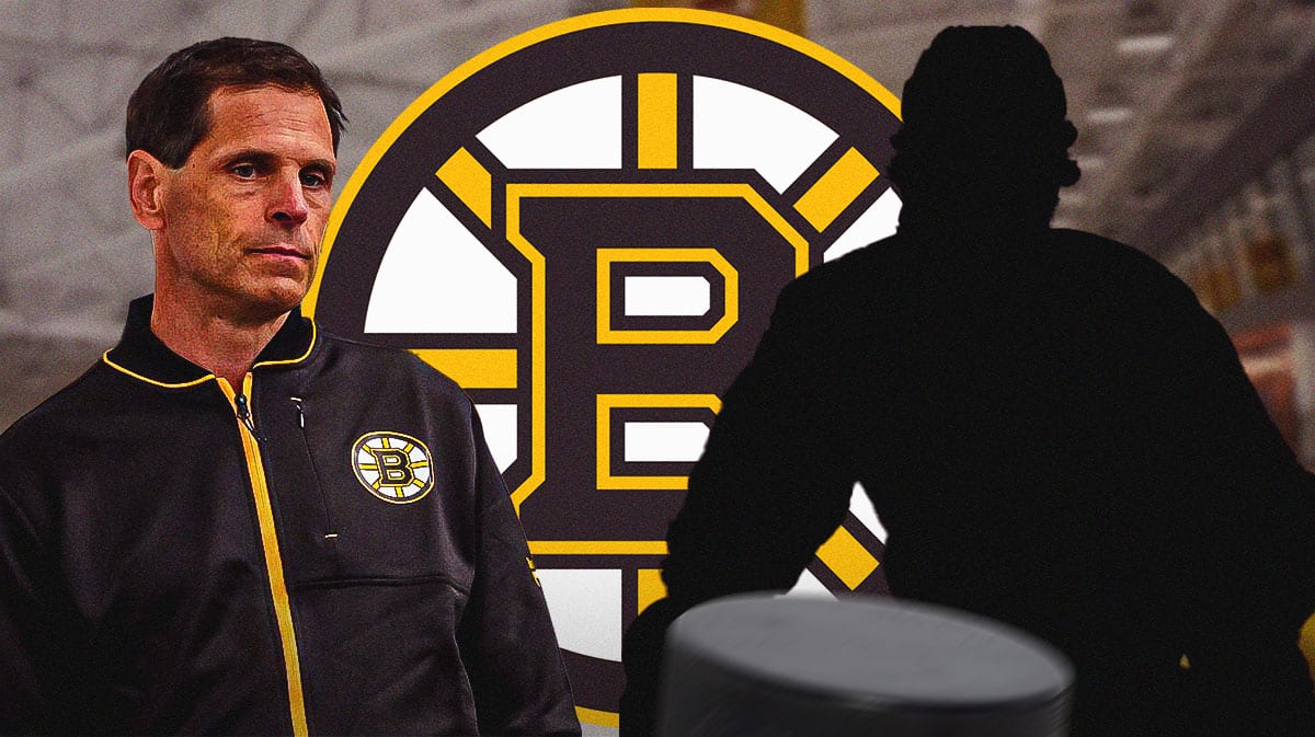 Danton Heinen as a silhouette. Bruins GM Don Sweeney. Bruins logo