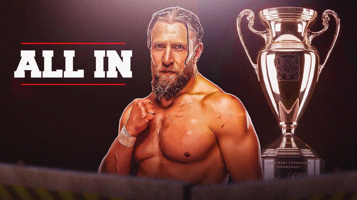 Bryan Danielson next to the Owen Hart Cup with the AEW All In logo as the background.