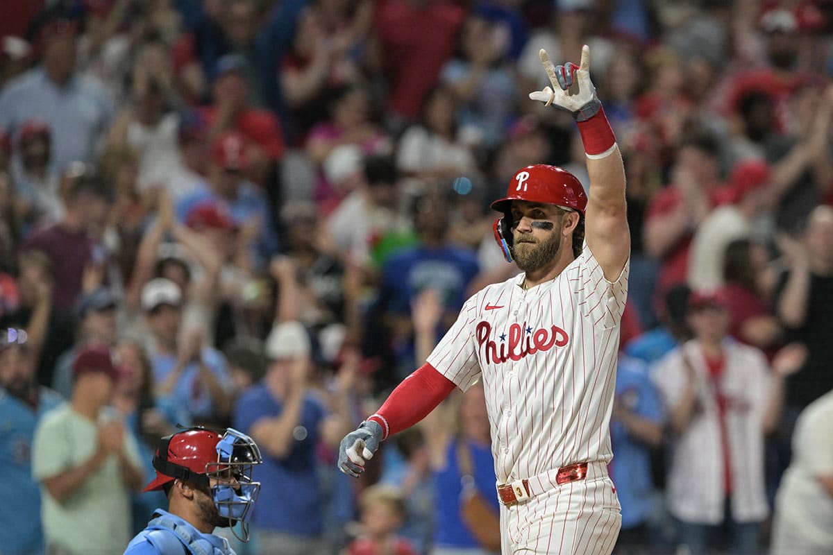 Philadelphia Phillies first base Bryce Harper (3) celebrates his two-run home run in the seventh inning against the St. Louis Cardinals at Citizens Bank Park.