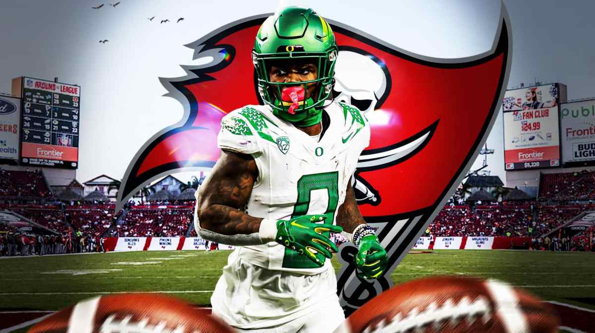 Oregon's Bucky Irving next to Tampa Bay Buccaneers logo.