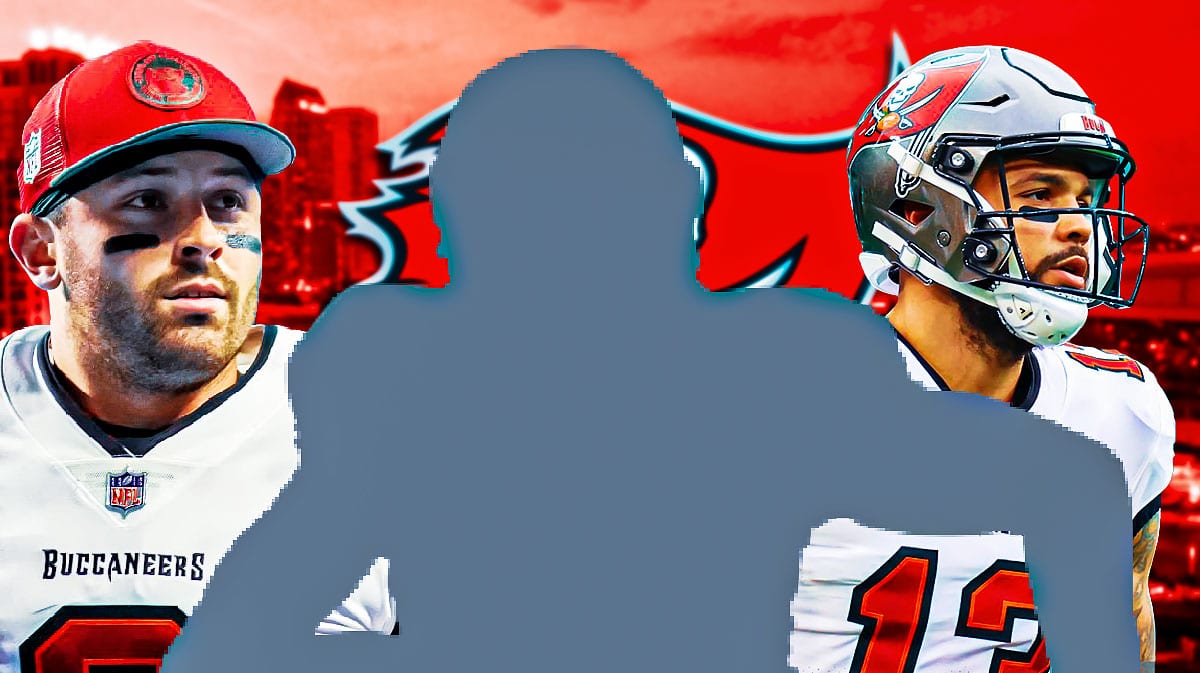 Mystery player in the middle, Baker Mayfield, Mike Evans around him, Tampa Bay Buccaneers wallpaper in the background