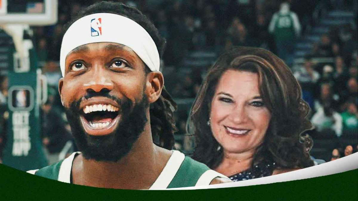 Bucks' Patrick Beverley smiling, with ESPN reporter Malinda Adams beside him