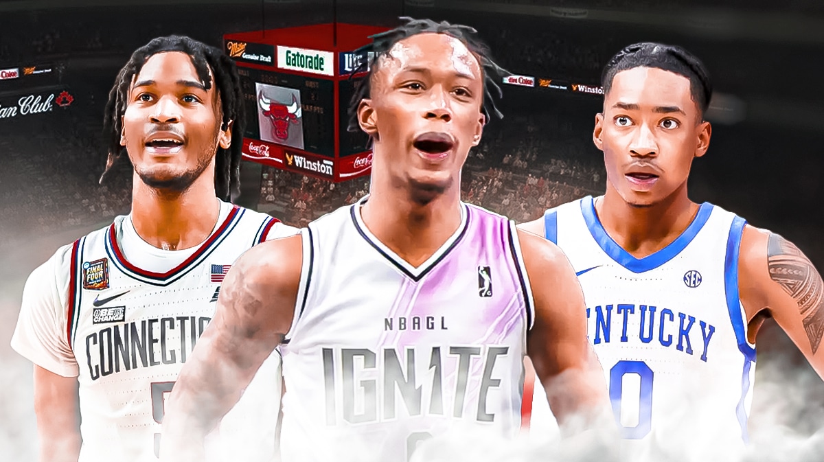 Bulls, NBA mock draft, NBA Draft, Stephon Castle, Bulls mock draft, Stephon Castle, Ron Holland and Rob Dillingham with Bulls arena in the background