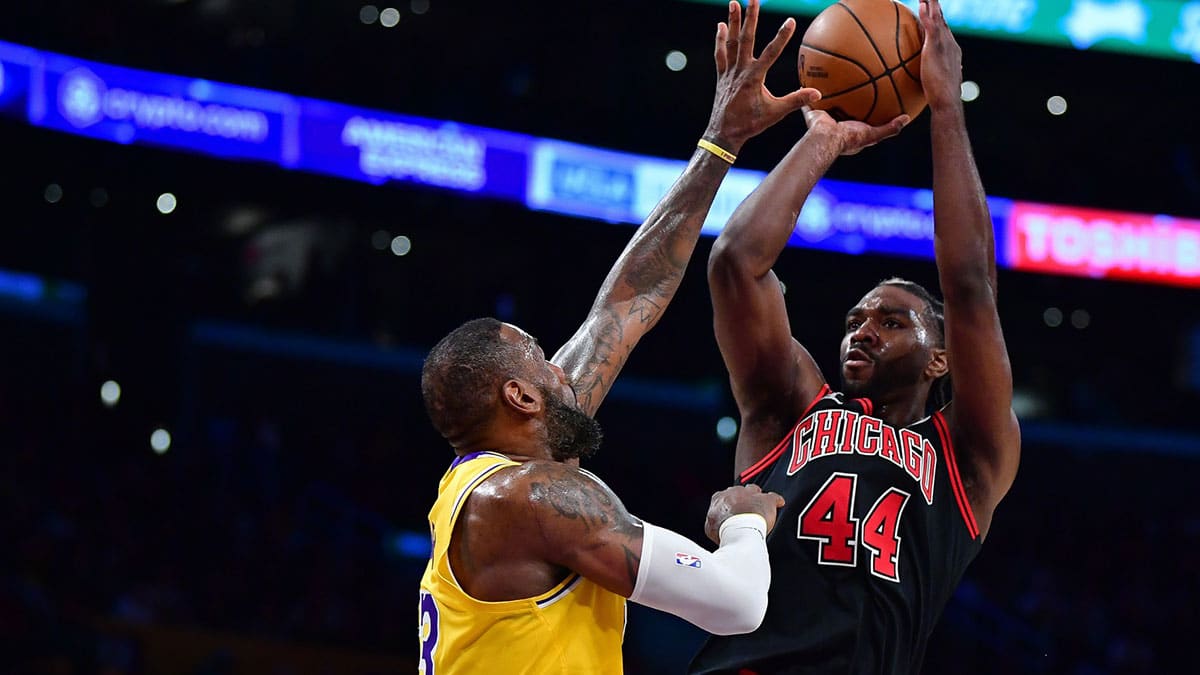 Chicago Bulls forward Patrick Williams (44) shoots against Los Angeles Lakers forward LeBron James (23) during the second half at Crypto.com Arena.