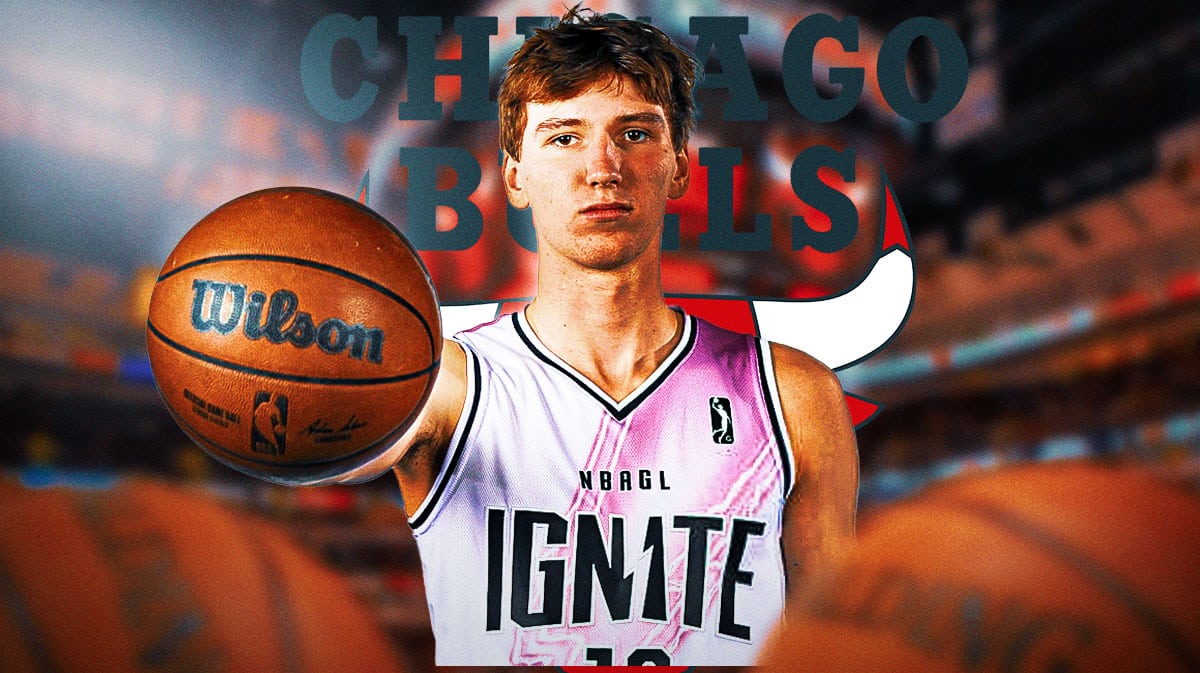 Bulls, NBA Draft, Bulls NBA Draft, Bulls offseason, Matas Buzelis, Matas Buzelis and Bulls logo with Bulls arena in the background