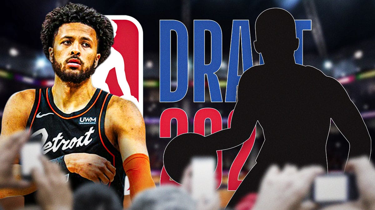 Pistons' Cade Cunningham next to a silhouette of a player