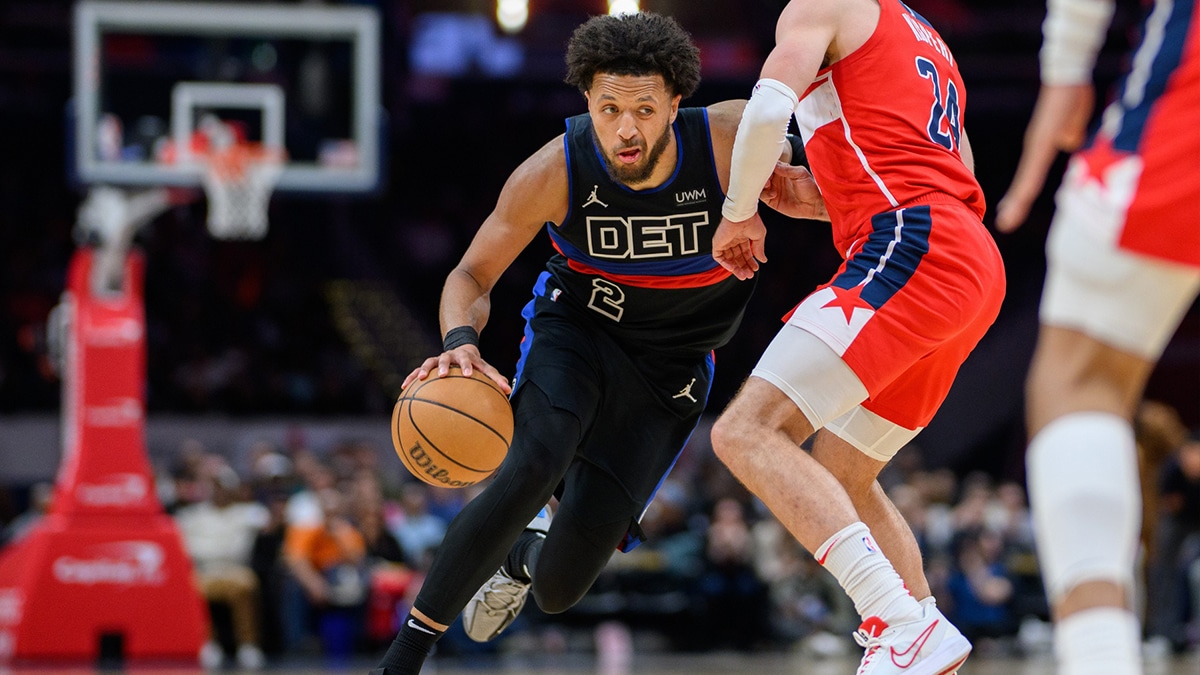 Detroit Pistons guard Cade Cunningham (2) drives to the basket against Washington Wizards forward Corey Kispert (24) during the third quarter at Capital One Arena.