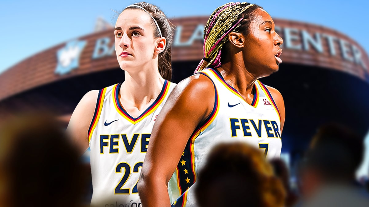 Caitlin Clark and Aliyah Boston looking serious with the Barclays Center in the background