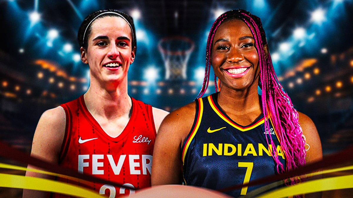 Fever players Caitlin Clark and Aliyah Boston scoring on the court inside Gainbridge Fieldhouse, but also smiling and looking happy too because that's the second half of this story is the positive vibes lately