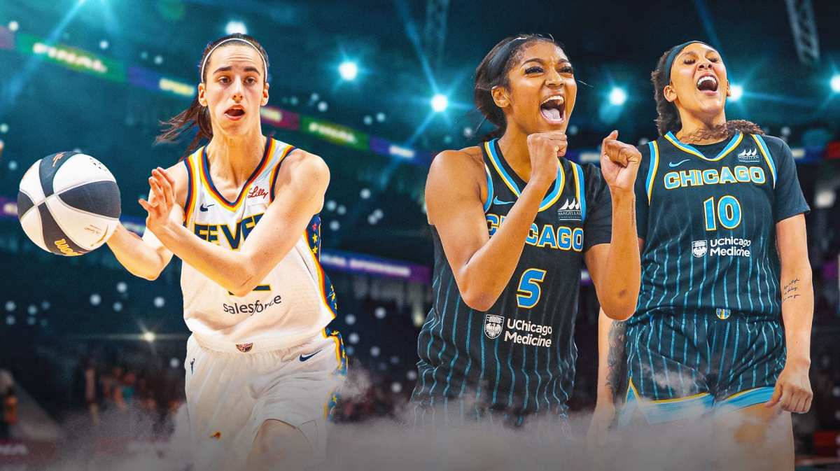 Caitlin Clark passing the ball in an Indiana Fever Jersey. Angel Reese in a Chicago Sky uniform on the other side yelling after an and-1. Kamilla Cardoso also playing on Reese's side