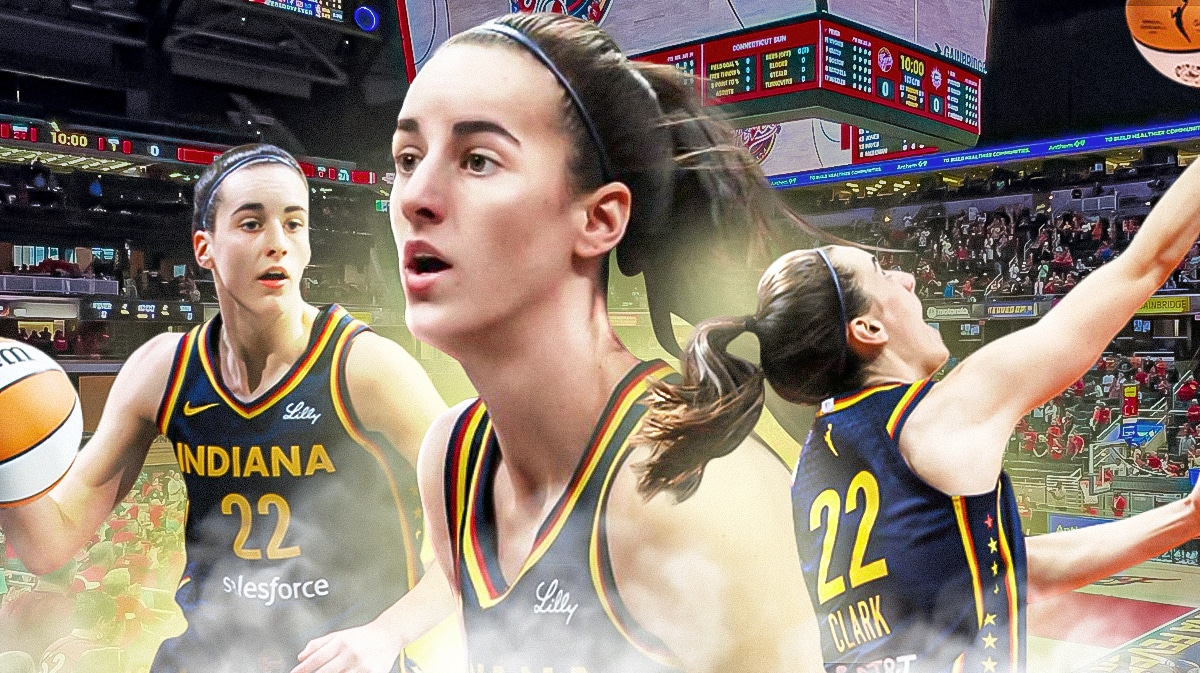Caitlin Clark in an indiana Fever jersey, maybe multiple, just going off and scoring a jumper layup and dishing an assist too in Gainbridge Fieldhouse.