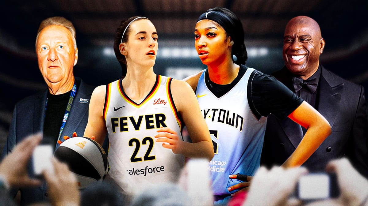 Former NBA player Larry Bird, Indiana Fever player Caitlin Clark, Chicago Sky player Angel Reese, and former NBA player Magic Johnson