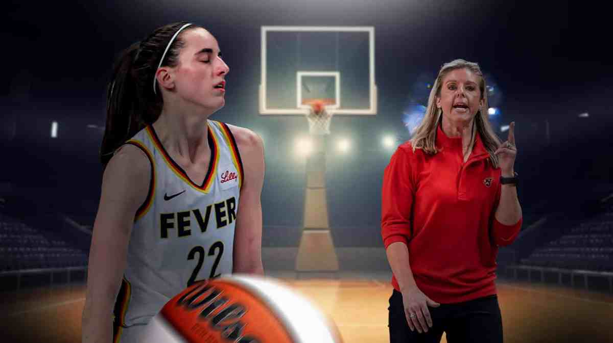Caitlin Clark looking tired or idle on the court, with Christie Sides in the background coaching.