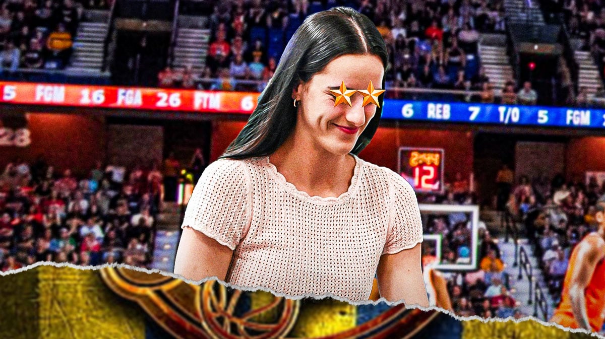Indiana Fever player Caitlin Clark, with stars in her eyes, on a basketball court as if a spotlight is on her