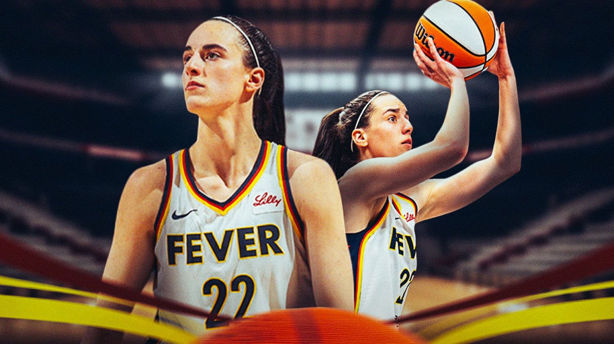 Caitlin Clark maybe just standing on the court to the left and then shooting a 3-pointer on the right of the graphic.