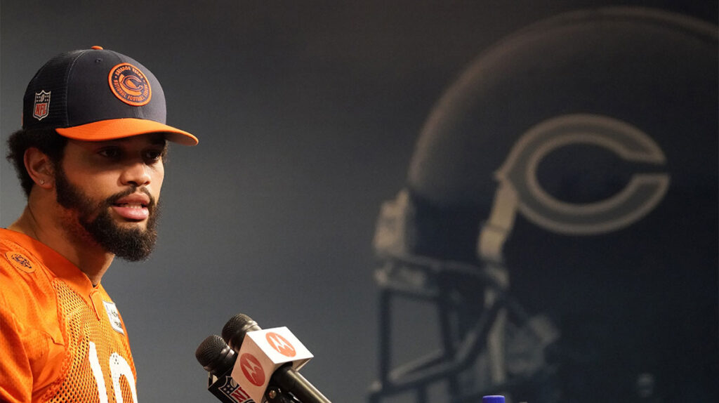 Chicago Bears quarterback Caleb Williams during a press conference before Chicago Bears rookie minicamp at Halas Hall. 