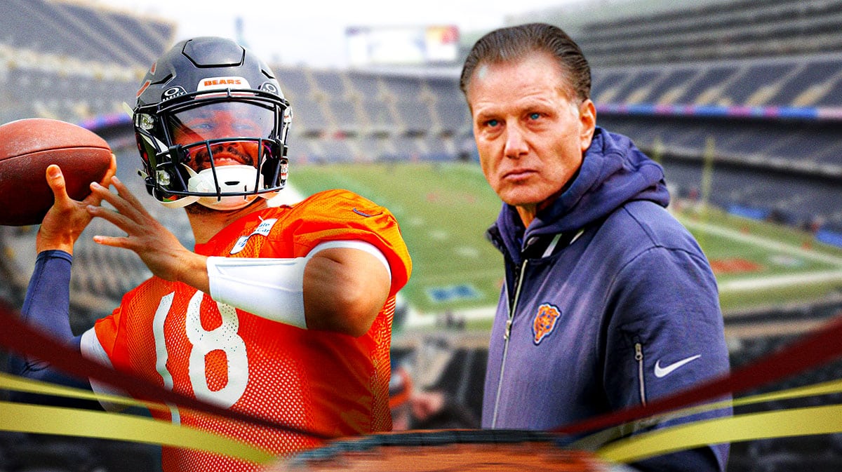 Caleb Williams and Matt Eberflus with Soldier Field in background