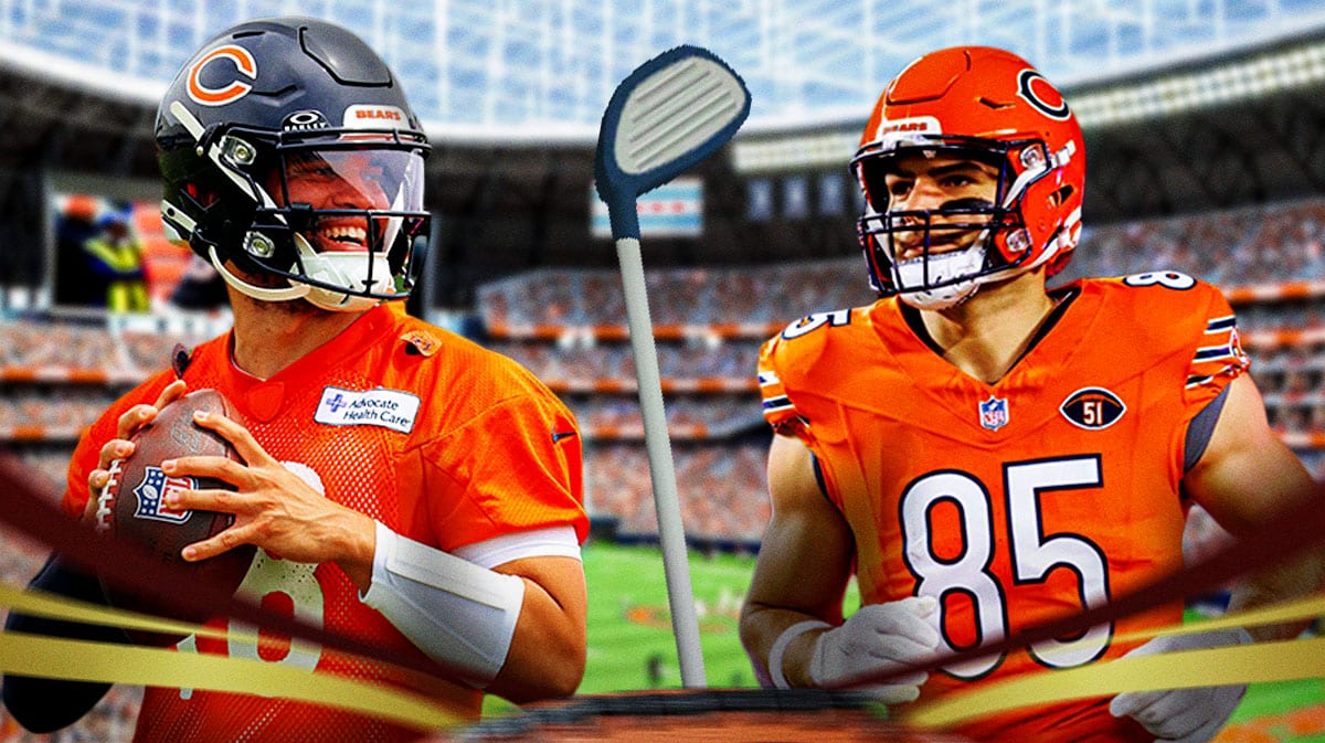 Bears QB Caleb Williams and TE Cole Kmet with a golf club