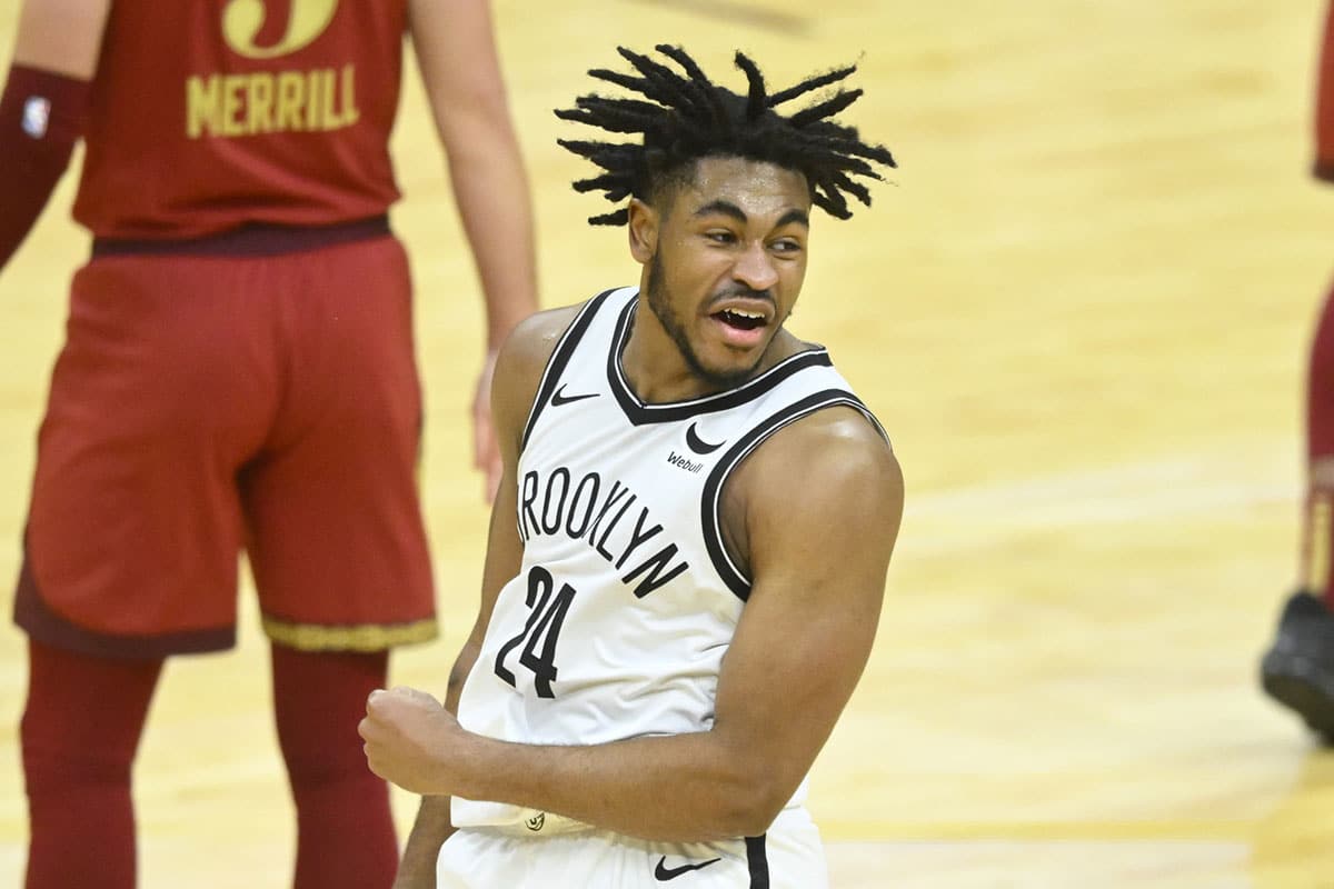 Brooklyn Nets guard Cam Thomas (24) reacts in the third quarter against the Cleveland Cavaliers at Rocket Mortgage FieldHouse.