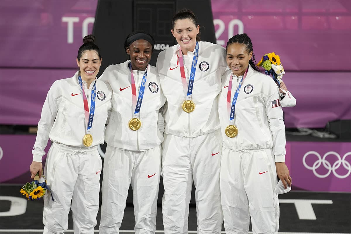 Gold medalists, from left, USA player Kelsey Plum (5), USA player Jacquelyn Young (8), USA player Stefanie Dolson (13), USA player Allisha Gray (15) during the Tokyo 2020 Olympic Summer Games.