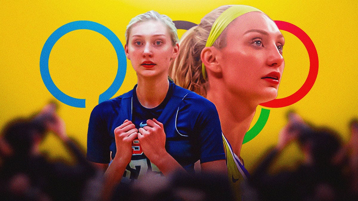 A double image of Cameron Brink, one of her in her Sparks jersey and the other of her in a Team USA basketball jersey with the Olympics logo in the background
