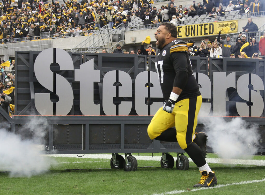 Pittsburgh Steelers defensive tackle Cameron Heyward (97) reacts as he takes the field to play the New Orleans Saints at Acrisure Stadium. 
